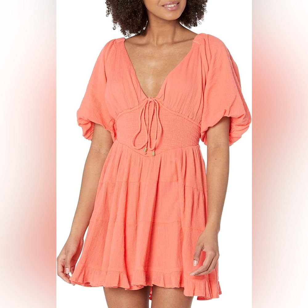 Free People Coral Tie-Front Babydoll Mini Dress